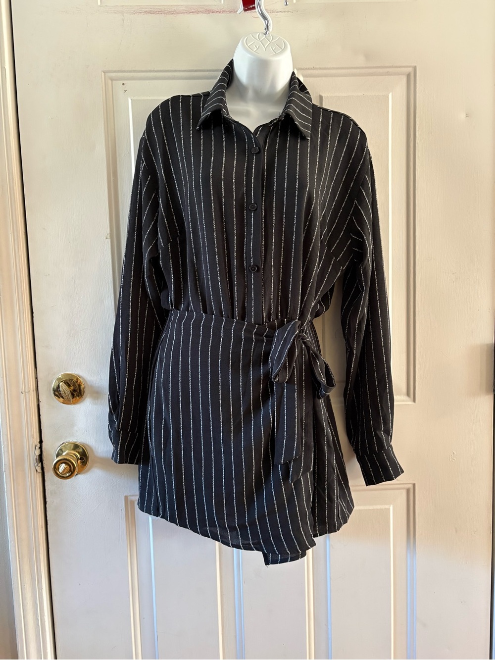 Fashion Nova Black & White Pinstripe Tie-Waist Romper. M